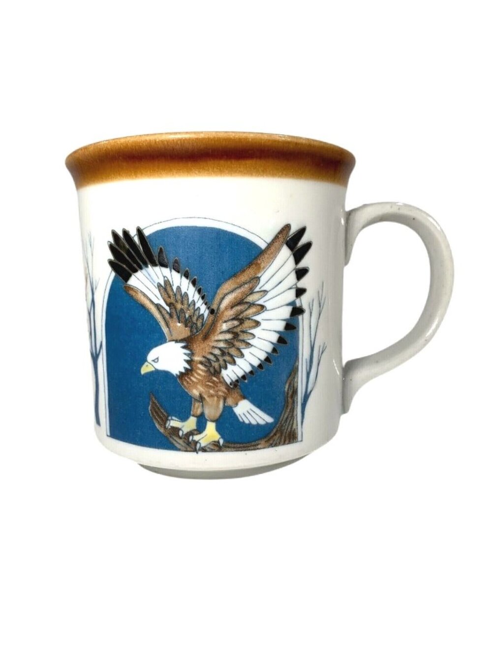 Vtg Bald Eagle in Flight Mug Embossed Mountains Forest Trees Bird Coffee Cup